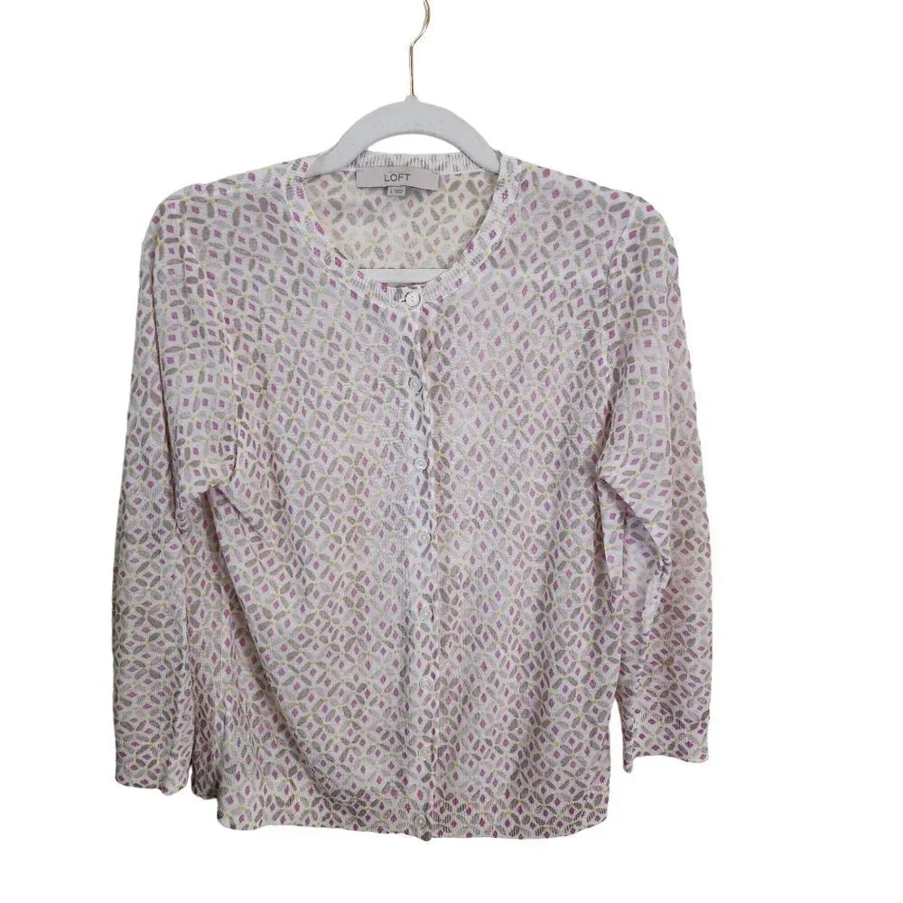 Ann Taylor Loft Super Lightweight Floral Cardigan Sweater Size L